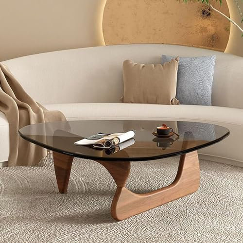 GAOXIONG Table Basse en Verre avec Pieds en Bois Massif de Noyer Design Moderne du Milieu du siècle 114 * 82 * 40 cm