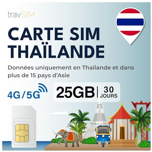 travSIM Thaïlande Carte SIM | 25GB de données Mobiles | Fonctionne sur Les appareils iOS et Android | Le Plan sur Cette Carte SIM pour la Thaïlande est valable 30 Jours