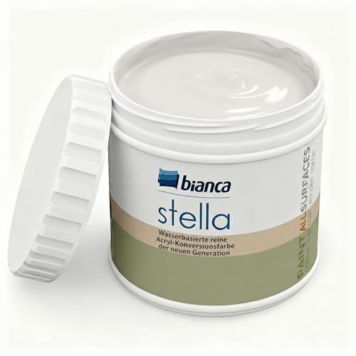 Bianca Stella Universalfarbe Ohne Schleifen - Wasserbasierte Parfümierte Renoiverfarbe für Möbel, Holz, Fliesen, Metall & Kunststoff - Sandweiß, Glänzend, Kratzfest, Hochdeckend, 500ml