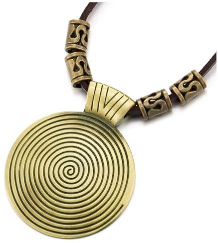 COOLSTEELANDBEYOND Collar con Colgante Espiral Bronce para Hombre y Mujer, Diseño de Remolino Hipnótico, Cordón de Cuero, Tribal Vintage