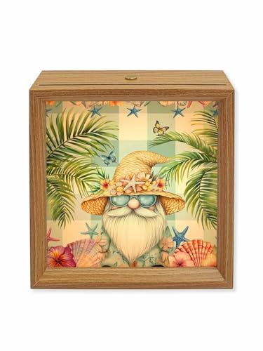 Wooden LED Night Light Box Tropical Dwarf Palm Tree Wood Picture Frame - USB Rechargeable Dimmable Touch Table Light for Home Decor or Desktop Display Gnomes Sea Star on Green Plaid 6.5x6.5IN