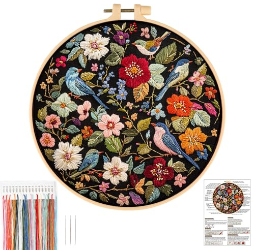 JSRQT Flower Embroidery Kit for Adults Beginners,Hummingbird Full Range of Embroidery Starter Kit,Handmade Sewing Stamped Craft Set,DIY Needlepoint Kits