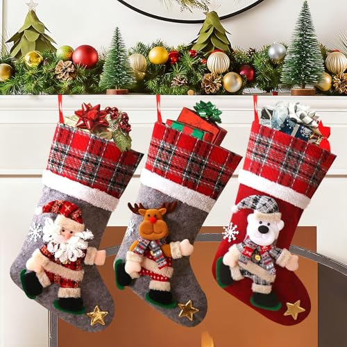 Bailtouk Christmas Stockings Set of 3, 15.75 Inch 3D Xams Stocking, Embroidered Christmas Stocking with Themed Santa Penguin Reindeer Candy Pouch Gifts for Christmass Tree, Family Decorations