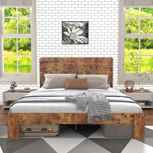 PUGSDRLY Lit Double en Bois de 160 x 200 cm, avec Un Cadre Vintage en Bois, des Lattes en Fer et Une tête de lit Haute, adapté aux Adultes et aux Adolescents