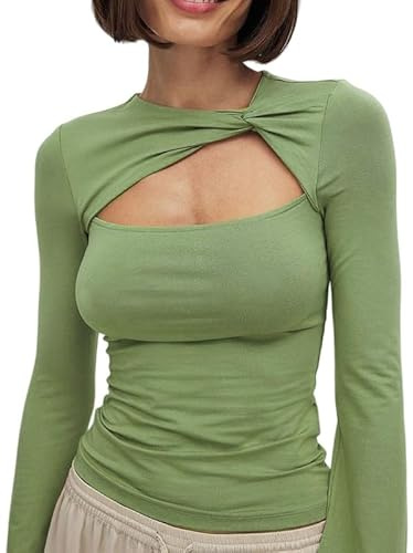 Sukiglam Camiseta Manga Larga Mujer Elegante Abertura Camisetas Mangas Campana Casual Y2K Top con Nudo Elástico Cómodo T-Shirt Ajustada Sexy Camisa Moda Blusa para Salir Tipo Streetwear