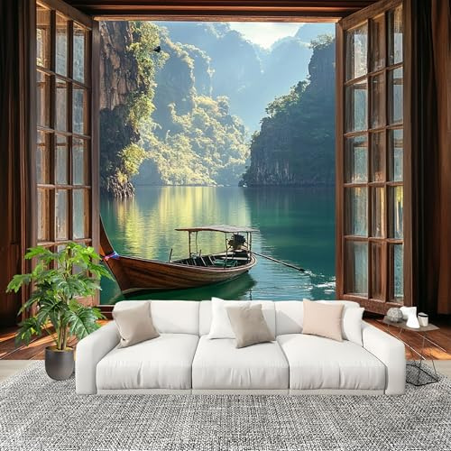 Papel Tapiz Fotográfico 200x140cm Reflejo Del Agua En La MontañA Con Barco De Madera 3D Murales Póster Moderna Fotomurales Verde Para Cuarto de Niño Salón Dormitorio Oficina Decorar