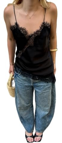 Alaurbeauty Top senza maniche da donna in satin e pizzo con spalline sottili, inserto asimmetrico in pizzo di seta e top tank asimmetrico, Streetwear, Nero , L