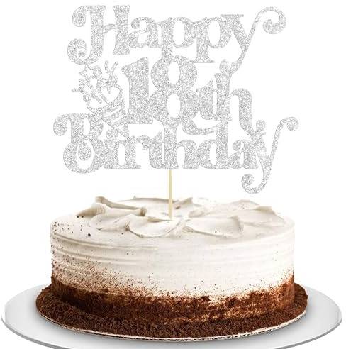 Gyufise 1Pc Happy 18th Birthday Cake Topper Glitter Happy Birthday Cake Pick Cheers to 18 Years for 18th Anniversary Wedding Party Cupcake Decorations Supplies Silver