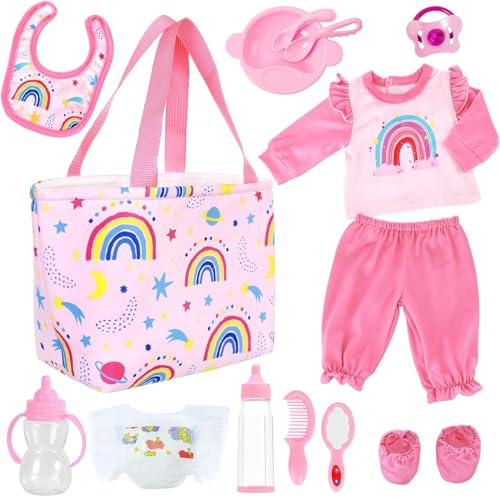 13 Teile Puppenzubehör für 43 cm Babypuppen, Pflege, Kleider, Wickeltasche | 13 Pflege- und Fütterungsset passend für 18 Zoll Puppen. Perfektes Zubehör für realitätsnahes Rollenspiel mit der Babypuppe