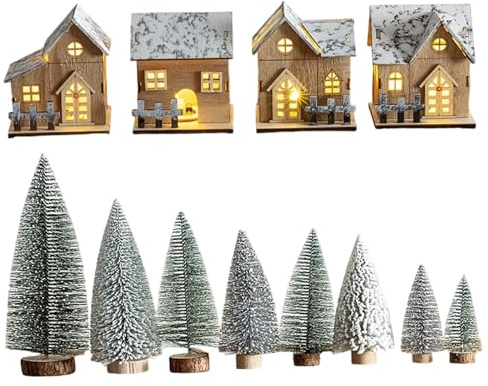 Maisons de Village de Noël 4 pièces illuminent Les Maisons Noël sur Le Toit Bonhomme Neige avec 8 pièces d'arbre pour la décoration Table la Maison Vacances d'hiver