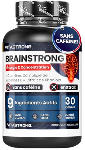 Vitastrong Brainstrong Integratore Memoria e Concentrazione, Biotina, Carnitina, Rhodiola Rosea, Vitamina B6, Niacina, Galanga, Vitamina B12 e Acido Folico, 30 Capsule Vegan Senza Glutine né Lattosio