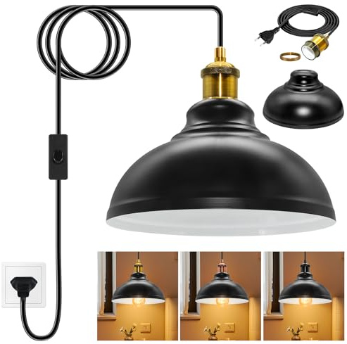 Vintage Hängelampe mit Stecker, 500CM Industrielle Pendelleuchte Kit mit Schalter, 25x13CM Black Metall Lampenschirm Hängeleuchte, Retro Messing E27 Lampefassung, für Schlafzimmer, Ohne Glühbirne