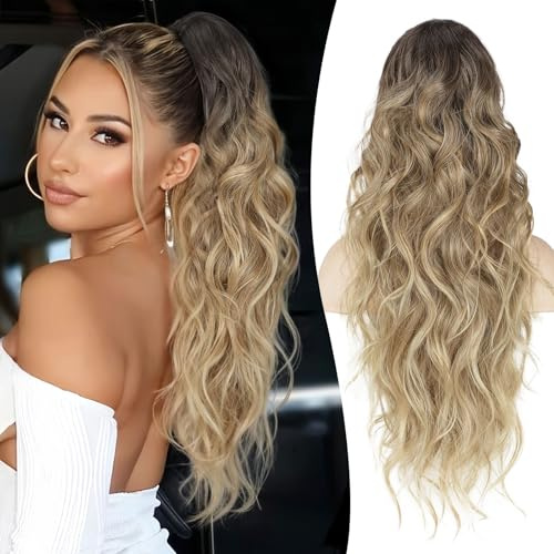 Claw Clip Ponytail Extension - 26 Inch Curly Ponytail Extension, Wavy Pony Tails Hair Extensions, Synthetic Hair Extensions Ponytail for Women (Color: Omber Black to Brown With Blonde Highlight)