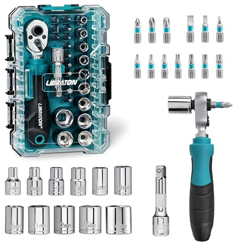 LIBRATON 26PCS Juego de Llave de Carraca Mini 1/4 con Vasos, Puntas Vasos | Métricos 4-14mm, Juego de Carraca Pequeña, Barra Extensión, Puntas Destornillador para Bricolaje, Reparación de Automóviles