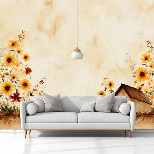 Carta da Parati Fotomurale XXL 350 x 256 cm, Beige Poster Murale 3D in Tessuto Non Tessuto per Parete TV Corridoio e Soggiorno, Decorazione Interni di Grande Impatto Campagna Casette Fiori Pulcini