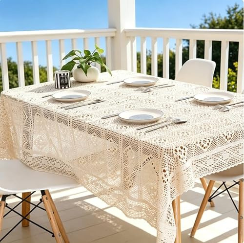 Rechteckige Beige Häkel-Tischdecke,150*220cm Häkelspitze Deckchen Vintage Häkelspitzen-Deckchen Baumwolle Tischdekoration Gehäkelte Tischdecke Tischsets Für Hochzeit,Zuhause,Party, Tischdekoration