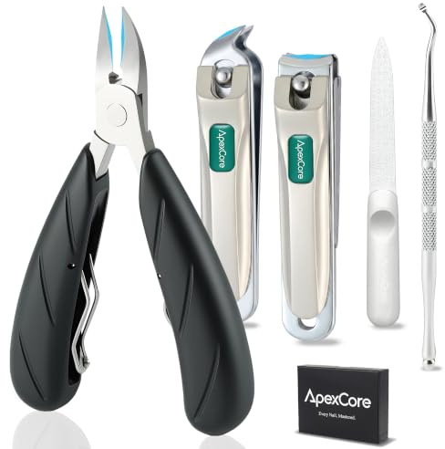 ApexCore Cortaúñas para Uñas Gruesas y Pies Personas Mayores 5 Uds Plateado | Kit de cortaúñas Profesional Alicates Uñas con Colector Anti-Salpicaduras Cortauñas Acero Inoxidable Profesional para Hombres