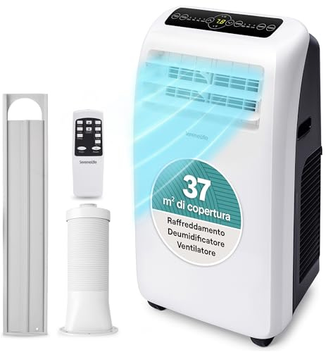 SereneLife Condizionatore Portatile, 3-in-1, Deumidificatore, Ventilatore, Telecomando, Kit Scarico Finestra, 12,000 BTU, Classe A
