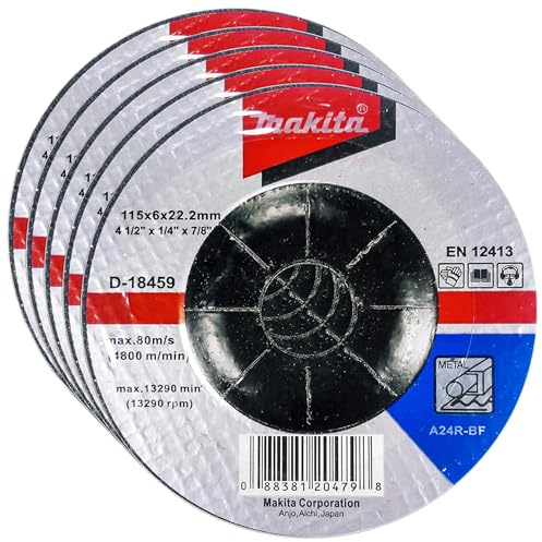 Makita 5 Pack - 4.5 Grinding Wheel For Grinders - Aggressive Grinding For Metal - 4-1/2 x 1/4 x 7/8-Inch