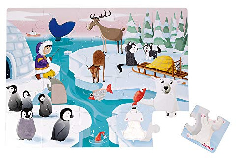 Janod Tast-Puzzle für Kinder, das Leben auf dem Packeis, 20 Teile, Davon 7 mit Textur, Lern- und Tastspiel, Tastsinn, Feinmotorik und Konzentration, ab 2 Jahren, J02773