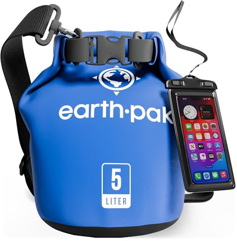 Earth Pak – Wasserdichter Packsack mit Schultergurt und wasserfester Handyhülle – Ideale Rolltop Tasche beim Kajak Fahren, Wandern, Camping, Angeln, Bootfahren und Rafting