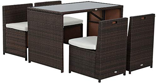 Outsunny Set Mobili da Giardino in Rattan 5pz Tavolo Pranzo 4 Sedie con Cuscini