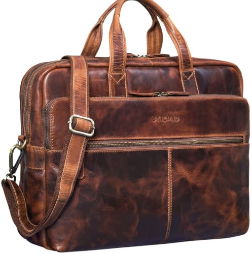 STILORD William Klassische Aktentasche Herren Leder XL Laptoptasche 15,6 Zoll Lehrertasche Echtleder Vintage Businesstasche mit Schultergurt und Tragegriff für Büro Farbe:Kara - Cognac