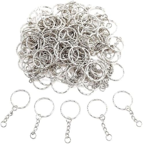 JZK 100x Métal Porte-Clés Anneaux 25mm avec Chaînette + Mini Anneaux de Saut Ouverts pour Voiture, Maison, Travail et Projets Artisanat de Bricolage DIY