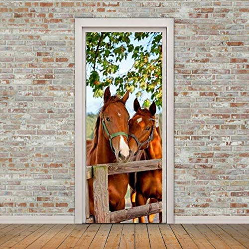 3D Tür Aufkleber PVC Vinyl Wasserdicht Zwei Pferde Poster Tapete Wandbild Aufkleber Art Haus Muster für Wand Zimmer 77x200 cm（Kaufe eins, bekomme eins gratis）