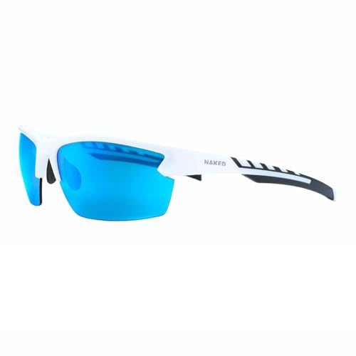 NAKED Optics Sportbrille Herren - Ultraleichte Fahrradbrille Damen - Bequeme Sport Sonnenbrille mit Anti-Slip Pads - Schnelle Brille ideal für Radfahren, Laufen (Halfframe White/Lens Blue)