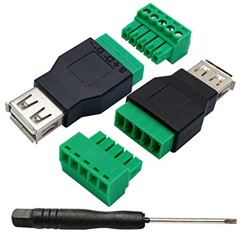 AAOTOKK USB 2.0 A Adaptateur Bornier à vis USB 2.0 A Femelle à 5 Broches/Voie Femelle Boulon Vis Bornes Blindage Connecteur Enfichable Type Adaptateur pour Charge Transfert Données (2Pack/Femelle)