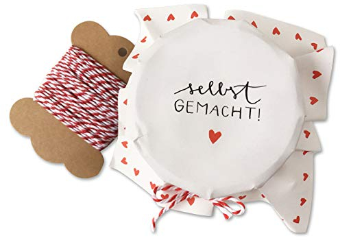 25 Marmeladendeckchen - selbst gemacht - Gläserdeckchen Weiß mit Herzchen zum selbst beschriften für Eingemachtes & selbstgemachte Marmelade, Recyclingpapier Abreißblock + 10 m Garn + Justiergummi