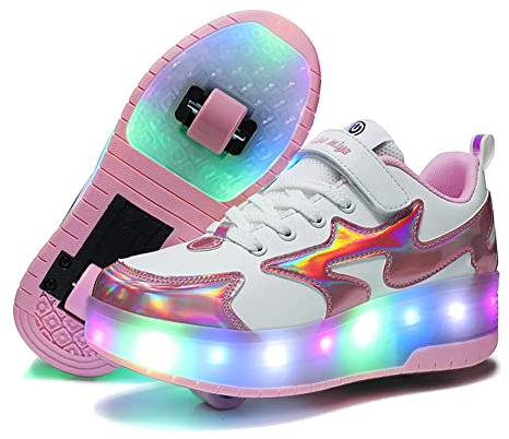 Lovelysi Unisex Jungen Mädchen LED Licht Skateboardschuhe mit Rollen Drucktaste Einstellbare,USB Wiederaufladbar,Inline Skates,Outdoor Sport Gymnastik Running Sneaker