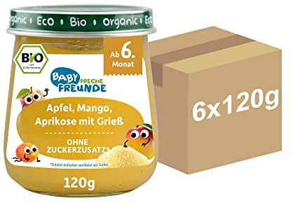BABY FRECHE FREUNDE Bio Gläschen Apfel, Mango, Aprikose mit Grieß, für Babys ab 6 Monaten, ohne Zucker- und Salzzusatz, vegan, 6er Pack (6x120g)