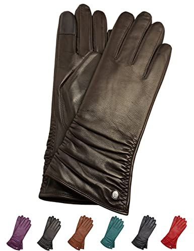AKAROA ESTD 2019 Lederhandschuhe Damen BEA, Touchscreen Funktion, italienisches Leder, recyceltes Strickfutter aus 50% Kaschmir und 50% Wolle, 4 Größen S - XL