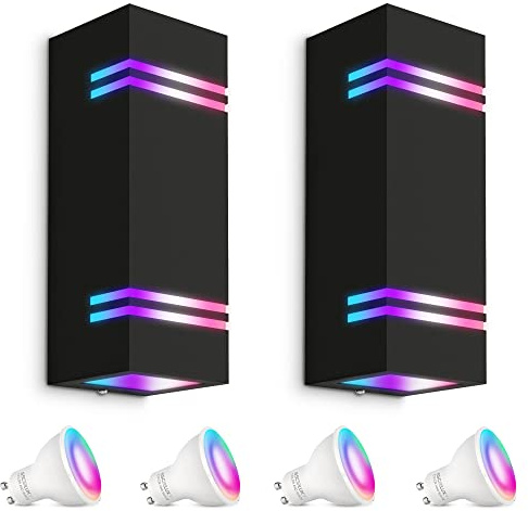 SSC-LUXon 2er Set JOVO-L Wandlampe schwarz modern IP44 inkl. 4x Smart WiFi RGB GU10 LEDs - Außenwandleuchte Up Down Steuerung App & Sprache