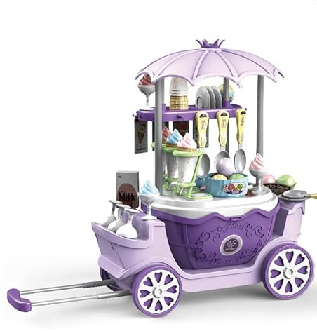 Flex 4 in 1 Ice Cream Trolley Toy Convertible Kids Cart 4 WheelsTrolley 2 Wheels pull Market Stall Removable Basket Educational Pretend Play Dessert Shop For Toddlers Ages 3+ Durable Plastic