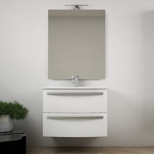 Yellowshop Stella, Mobile Bagno Sospeso Curvo 2 Cassetti con Lavabo e Specchiera LED, Bianco Frassinato, 75 cm