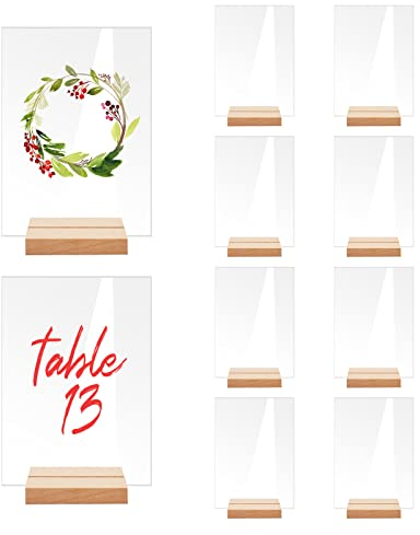 Opaltool 10er Acryl Schilderhalter mit Holzständer, Wiederverwendbarer Tischnummern Hochzeit Acrylglas Aufsteller für Hochzeit, Kaffeemenü-Schilder, Mittelstücke, Dekoration