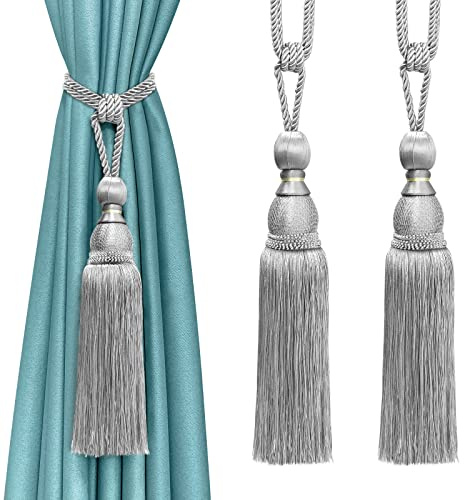 Raffhalter mit silberfarbenen Quasten, große Quasten, Boho-Stil, handgefertigt, für schwere transparente Vorhänge, 2 Stück