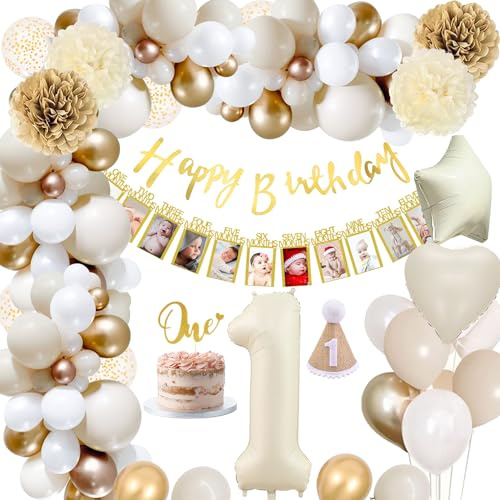 Geburtstagsdeko 1 Jahr, Erster Geburtstag Dekorationen Jungen Mädchen,Beige Weiß Gold Luftballons 1 mit Baby Fotogirlande Foto Banner für Kinder Jungen Mädchen Deko
