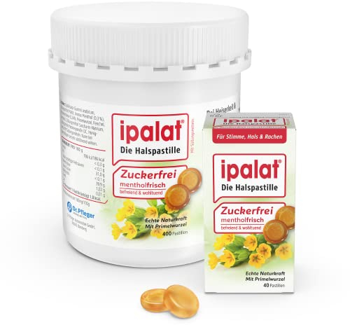 ipalat Halspastillen Zuckerfrei: Bei Heiserkeit & Hustenreiz, mit Primelwurzel, Anis, und Fenchel, mit Menthol, 400, 40 Halspastillen, 556.0 grams