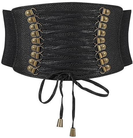 WERFORU dam elastisk bred midja bälte vintage stretch spets up korsett bälte för klänning, A-svart, Länge 73cm( für Taille Größe 65-74cm)