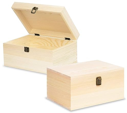 Voittozege 2 Pack Unfinished Wooden Boxes Large Wooden Box with Hinged Lid dnd Front Clasps, Natural Wood Boxes for Diy Crafting Gift Storage Box, Art Decorations and Jewelry Storage, 10 x 7 x 4 Inch