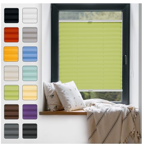 Fenster Plissee ohne Bohren zum Kleben Innenrahmen - Thermo Plisseerollo Innen - Rollo Jalousie, Halterungen auf Rahmen, Faltrollo, Sichtschutz, Blickdicht, für Fenster & Tür - Grün, 65 x 200 cm