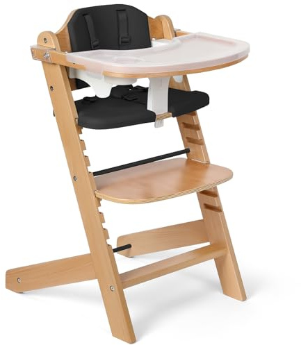 Cowiewie Natural Wooden High Chair for Babies & Toddlers 3-Tier Remove & 2 Adjustable Tray, 8 Adjustable Highchair with Cushions, Easy to Clean (Black)