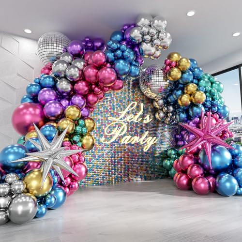 FOTIOMRG 135pcs Disco Balloon Arch Kit with Disco Ball Balloons Silver Blue Green Purple Hot Pink Gold Metallic Balloons, Star Disco Foil Balloons for Birthday 70S 80S 90S Disco Party Decoration