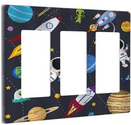 Wpshijia Rocket Planets Astronaut Blue Decorative Triple Rocker Light Switch Covers 3 Gang Outlet Wall Plate Cover Decorative Switchplate Faceplate GFCI for Nursery Kidsroom Bedroom Decor