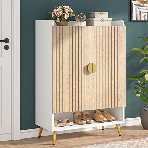 Tribesigns Schuhschrank mit 2 Türen, 75x 37x 110cm, Schuhkipper schmal,7-stöckig Schuhregal für 25 Paar Schuhe Regal für Eingang, Flurschrank,Wohnzimmer,weiß (Holzfarbe)