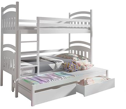 KEF Anton Etagenbett Kinder 80x160 cm - Holz Kinderbett - für DREI Kinder - Holzbett mit Schubladen - Massivholz Kinder Bett mit Lattenrost - Weiß mit Matratze - Leiter Universal